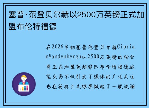 塞普·范登贝尔赫以2500万英镑正式加盟布伦特福德