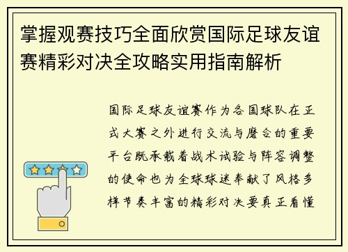 掌握观赛技巧全面欣赏国际足球友谊赛精彩对决全攻略实用指南解析